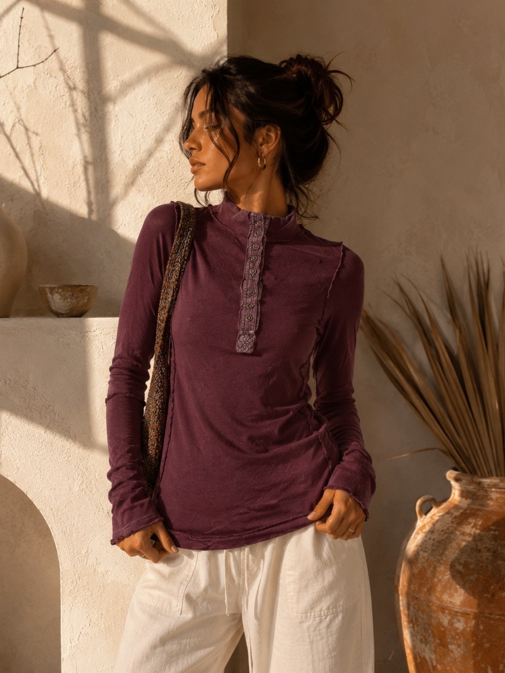 Free People Women's Long Sleeve Thermal Top Size Large | Vintage Boho |